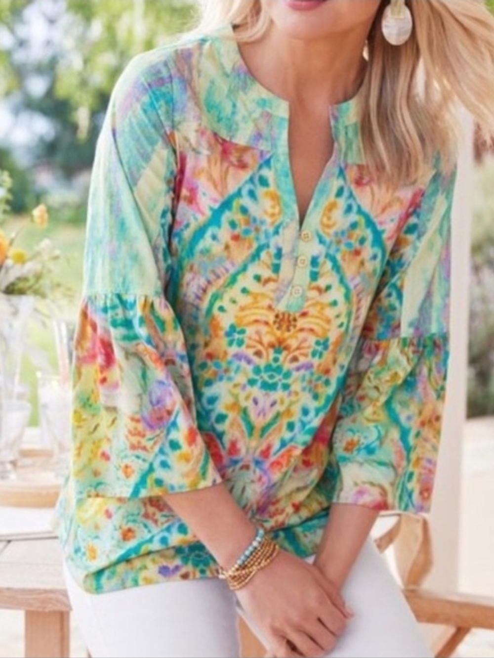 Soft Surroundings Zafraya Watercolor Print 3/4 Length Sleeve Blouse. Size 1X